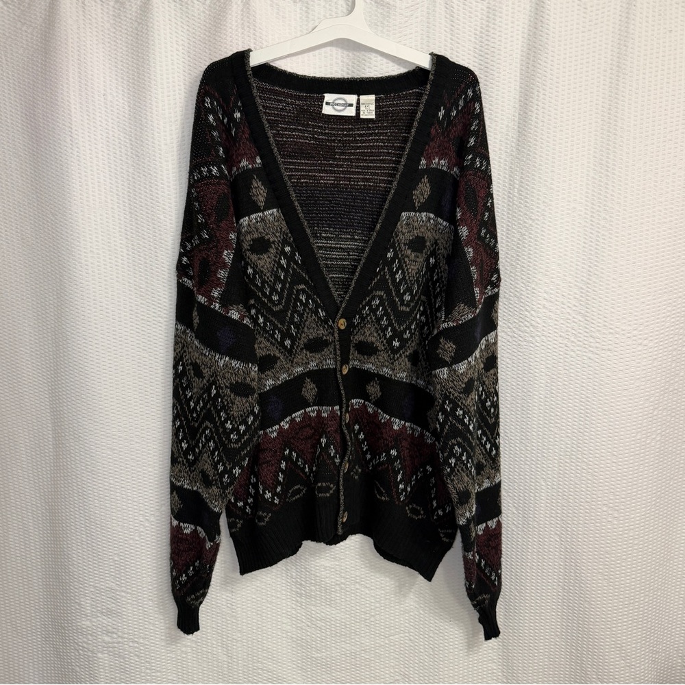 Vintage Piccadilly Geometric Knit Cardigan Sweater 2XL Tall Made In Korea Retro